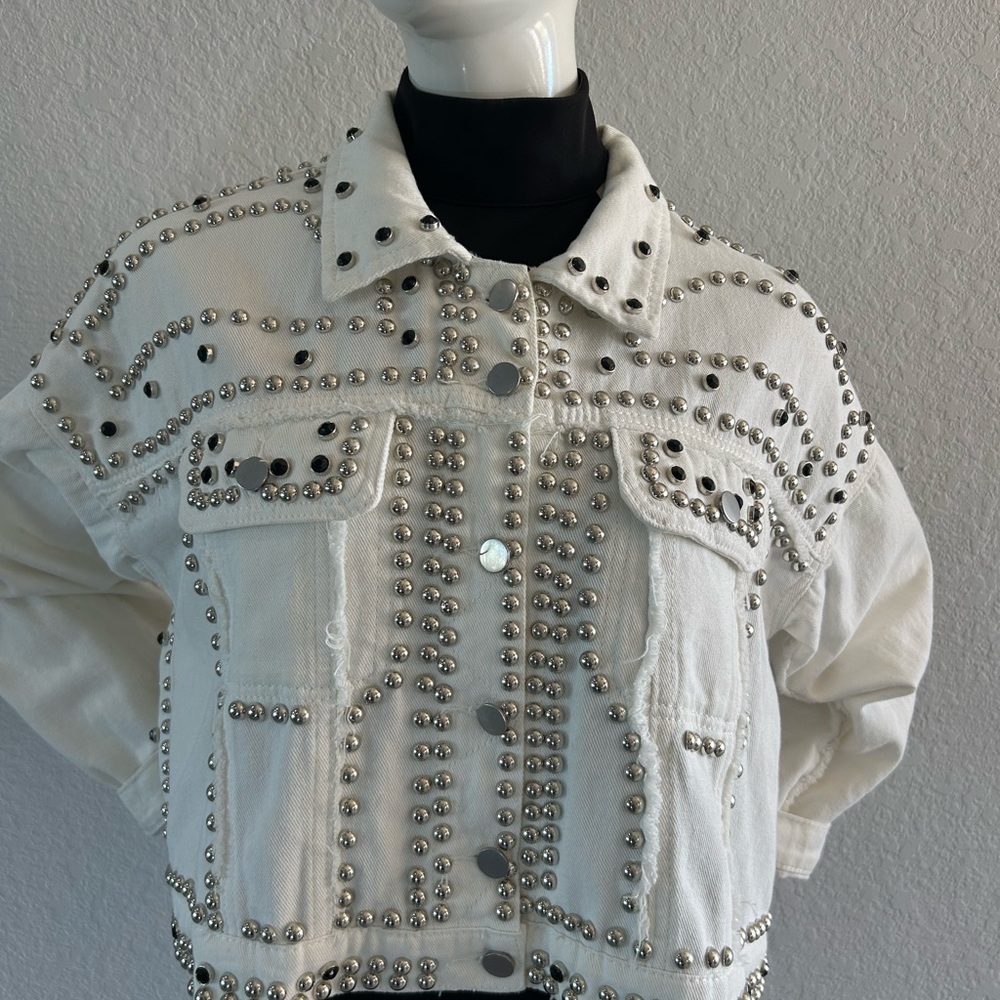 Kiwi Silver Studded Cream Jean Jacket